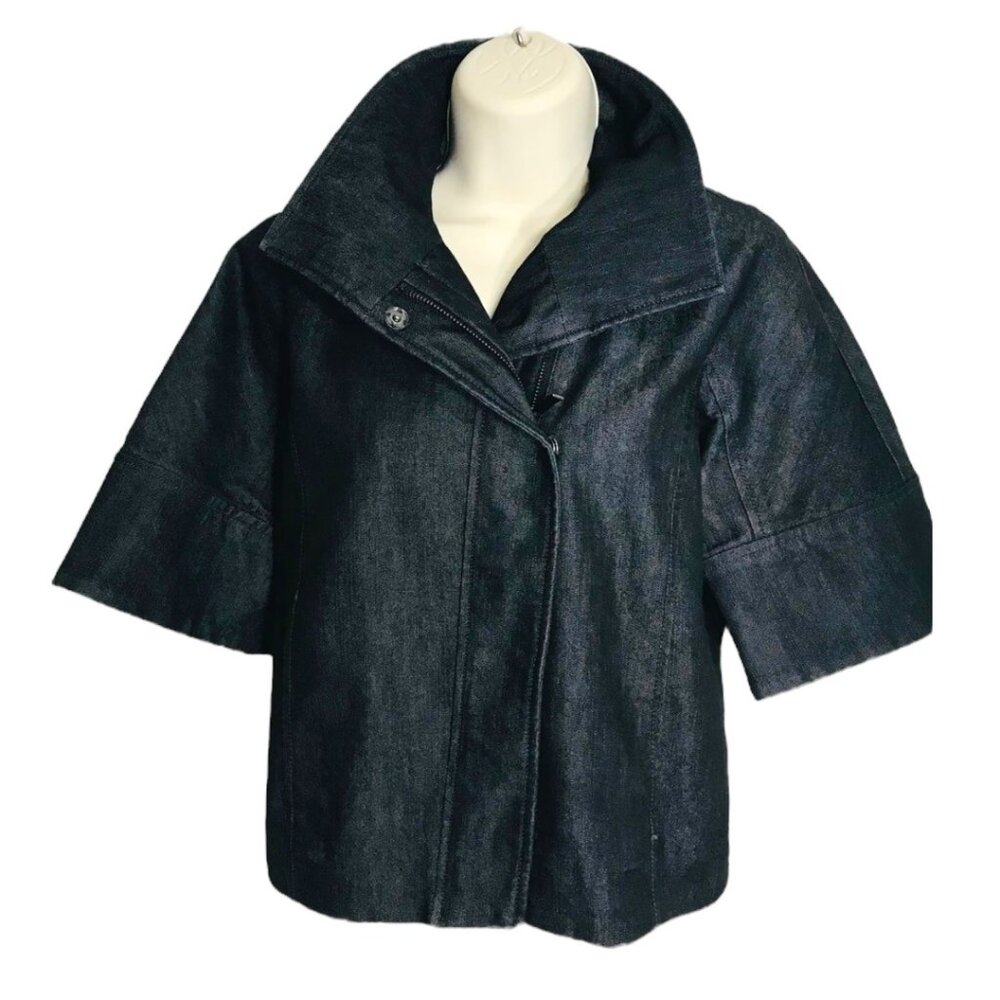 KENNETH COLE NEW YORK JEANS JACKET CROPPED DARK WASH 3/4 SLEEVE FRONT/ZIP - Picture 2 of 11